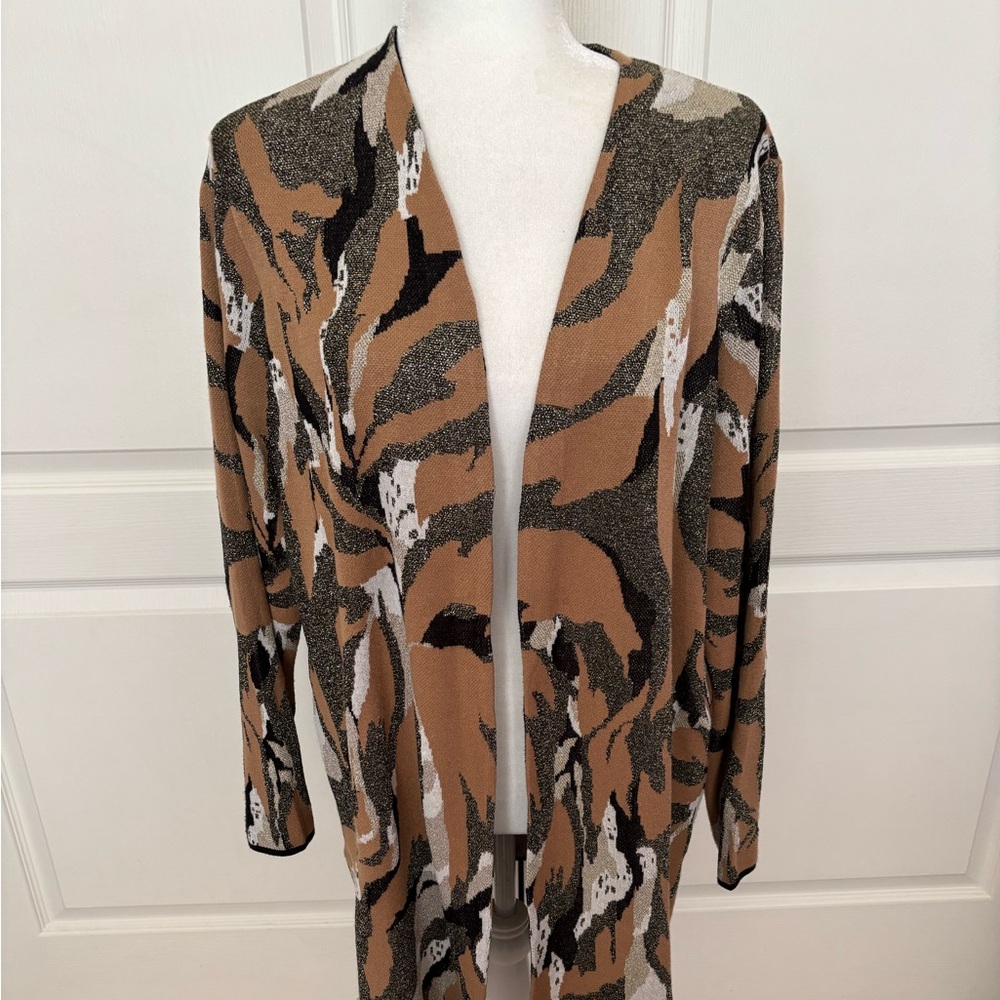 Open-Front Womens Cardigan Jacket in Brown & Black Print